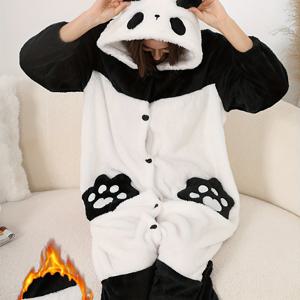 TEMU 여성용 팬더 후드 홈 가운, 일본&한국 귀여운 스타일, 겨울용 부드러운 플러시 잠옷