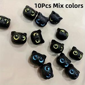 TEMU 10개 세트 다양한 색상의 레진 비즈, 큰 눈의 검은 고양이 머리 모양, DIY 헤어핀, 귀걸이, 팔찌 장식에 완벽, 쉬운 사용을 위한 구멍이 있는 고양이 비즈, 키티 비즈, 공예용 레진 아이, 헤어핀 비즈, 매력, 보석 만들기 용품