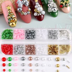 TEMU 크리스마스 진주 디자인 네일 아트 장식 컬러풀 레드 그린 하프 라운드 비즈 네일 참 주얼리 가을과 겨울 크리스마스 DIY 참 우아한 액세서리 부품