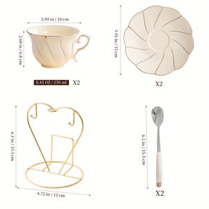 TEMU 7피스 코트 스타일 세라믹 세트, 플로럴 엣지 크리미 커피컵, 미국식 골드 트림, 220ml 베이지 티컵, 기업 및 사무실용 선물세트