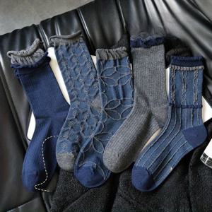 TEMU 5켤레 랜덤 여성용 미디엄 튜브 양말, 네이비 블루 톤, 빈티지 클래식 감성, 사계절 착용 가능, 뼈 없는 제작법, 데일리 캐주얼 웨어에 완벽한 아이템