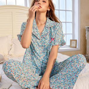 TEMU 블루 플로럴 러플 트림 여성용 파자마 세트, 반팔 상의와 긴바지 캐주얼 라운지웨어 + 우아한 오픈프론트 카디건 칼라|여름잠옷