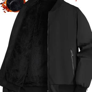 TEMU 남성용 경량 플리스 안감 캐주얼 재킷 - 솔리드 컬러 블랙 베이스볼 칼라 지퍼 포켓, 레귤러 핏 아웃도어 & 캐주얼 웨어, 가을 겨울 따뜻함, 폴리에스터 충전재, 폴리에스터 섬유 재킷, 남성 겨울 코트, 남성 코트, 대형 사이즈 , 겨울 의류