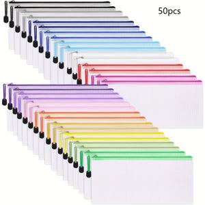 TEMU /50개 세트 메쉬 지퍼 파우치 (9.5x4.5인치) - 다색 여행 및 사무실 정리용 보관백