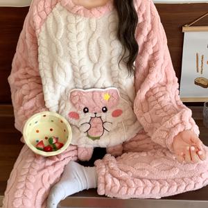 TEMU 투피스 여성용 코랄 긴팔 긴바지 두꺼운 핑크 햄스터 당근 포켓 파자마 세트, 귀여운 캐주얼 겨울 수면복