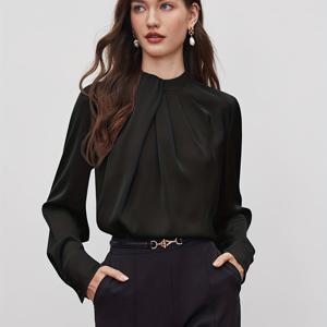 TEMU 여성용 비대칭 플리츠 루즈핏 긴팔 상의, 부드러운 새틴 원단으로 제작되었으며, 비즈니스 캐주얼 오피스 웨어에 적합한 기본적인 αλλά 우아한 아이템으로 선생님, 결혼식, 콘서트에 이상적입니다.|오피스룩