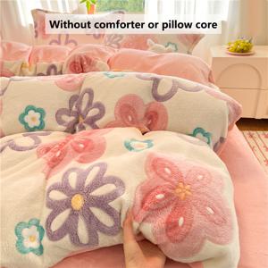 TEMU 가을, 겨울용 두꺼운 따뜻한 양면 양털 3pcs 세트 - 눈꽃 양털 침구 3종 세트 - 밝은 색상의 꽃 글루 프린팅 패턴 | 이불 커버 1개, 베갯잇 2개, 퀼트 및 베개솜 없음 |, 편안하고 따뜻함|베개커버|이불
