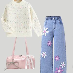 TEMU 꿈과 장난이 담긴 디자인의 여아용 투피스 세트: 무지개 물방울 무늬 니트 스웨터 + 플로럴 자수 컬러 블록 와이드 레그 페이크 데님. 부드럽고 밝고 따뜻하며 편안한 레트로 스트리트 스타일은 달콤하고 멋지게 연출됩니다.