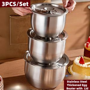 TEMU 스테인리스 스틸 믹싱용기 3종 세트 (3개 + 3 뚜껑), 내식성 원형 주방도구, 요리·베이킹·준비·설거지·과일·국수볼에 적합한 가정용/할로윈/크리스마스 수납품