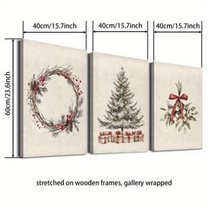 TEMU 2D 평면, 3피스 나무 프레임 캔버스 프린트 장식 그림, 빈티지 겨울 스케치 아트, 크리스마스 건조 가지 화환, 크리스마스 트리와 종 창의적인 포스터, 크리스마스 선물, 실내 벽 장식 예술, 휴일 홈 데코, 축제 벽걸이, 클래식 휴일 디자인, 수공예 느낌, 고품질 인쇄, 겨울 테마 포스터, 미술품 컬렉터, 인테리어 디자이너용, 2D 플랫
