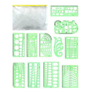 TEMU 11피스 기하학 도형 그리기 템플릿 세트 + 측정자 포함 - 녹색 투명 플라스틱 도구+보너스 PE 지퍼백 - 건축, 기계공학, 사무실, 학습, 디자인, 수학, 패션 디자인용