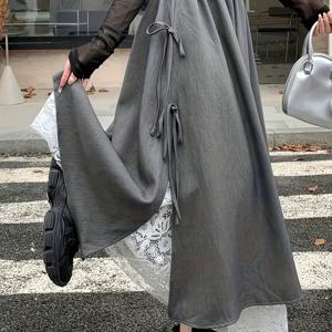 TEMU 여성용 A라인 레이스 패치워크 롱 스커트, 분할 디자인, 가을/겨울용 보우 타이, 탄성 허리 밴드 특징.