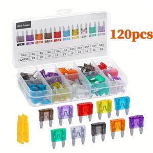 TEMU 차량용 120개 블레이드 퓨즈 세트. 다용도 퓨즈 박스와 제거 도구가 포함되어 있으며 다양한 암페어(2A/3A/5A/7.5A/10A/15A/20A/25A/30A/35A)로 제공됩니다. 자동차, 트럭, , RV, SUV에 적합하며, 내구성이 뛰어난 하드 케이스에 포장되어 있습니다.
