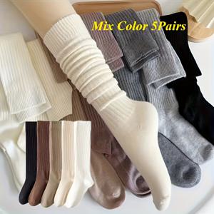 TEMU 여성용 롱 양말 5켤레 세트 - 따뜻하고 두꺼운 압박형 종아리 지원, 사이드 디테일, 가을/겨울 캐주얼 부츠용, 일상 텍스처 니트