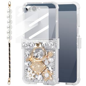 TEMU 휴대폰 케이스 - 갤럭시 Z Flip 7 호환 스타일리시 폰 케이스, 향수병 디자인에 라인스톤 꽃 장식, 힌지 보호 링 스탠드, 풀커버 하드 케이스 (끈 포함), 통합 스크린 보호 필름.