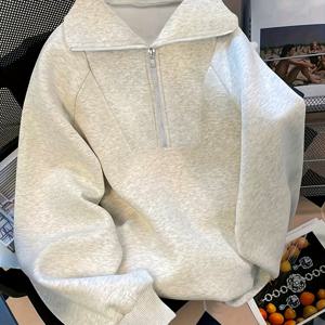 TEMU 여성 솔리드 컬러 가을/겨울용 두꺼운 플리스 캐주얼 스포츠 하프 지퍼, 조절 가능한 폴로 칼라, V넥, 하이넥 긴소매 스웨트셔츠.|셔츠