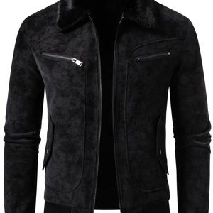 TEMU 남성 슬림핏 인조 모피 안감 모터사이클 재킷 - 두꺼운 풀 지퍼 모터사이클 코트, 풀 지퍼 클로저, 신축성 없는 원단, 긴소매, 데일리 캐주얼 & 포멀 아우터, 모터사이클 장비, 레트로 모터사이클 스타일