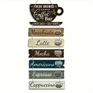 TEMU 2D 플랫, 1개 빈티지 농가 스타일 커피 바 벽 장식 - 재활용 나무로 만든 커피 음료 라벨 포함, 전기 불필요, 홈 주방 & 카페 데코, 커피 애호가를 위한 내구성 있는 매달이 간판 선물, 바리스타 선물, 일상 커피 메뉴 보드