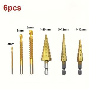 TEMU 6개 세트 티타늄 코팅 크롬 바나듐 스틸 드릴 비트 (4/4-12/3-12 Mm, 3/6/8 Mm), 빨간색 보관 상자 포함 - 정밀 목공 금속 드릴 비트, 부식 방지 설계, 정확한 구멍 확장 드릴링, 전문가급 품질