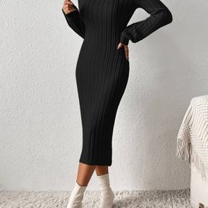 TEMU 여성용 우아한 하이넥 긴팔 리브드 바디콘 드레스 - 솔리드 블랙 겨울 따뜻함, 가을 & 겨울용 핏감 좋은 스트레치 미디 드레스, 오피스 투 파티웨어, 여성용 패션 스웨터 가운, 대형 사이즈 롱 드레스