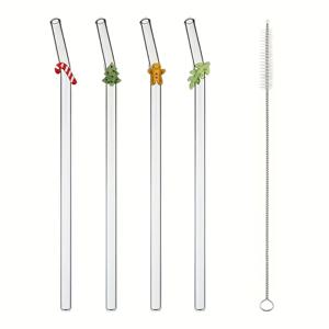 TEMU 4개 세트 재사용 가능한 유리 빨대 (크리스마스 트리, 진저브레드 맨, 홀리 잎, 캔디케인 디자인), 청소 브러쉬 1개 포함, 재미있는 미적 장식, 가족과 친구를 위한 이상적인 선물 | 크리스마스 선물 | 휴일 음료용품 | 이상적인 선물