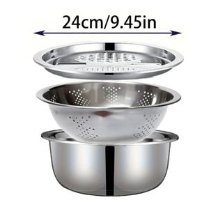 TEMU 3pcs 9인치 더 깊고 넓은 스테인리스 스틸 다용도 준비 그릇 세트 | 야채 커터, 채반, 믹싱 볼, 슬라이서 | 식기세척기 안전 샐러드 준비 세트, 배수 바스켓으로 쉬운 세척과 내구성|식기세척기|식기세척기