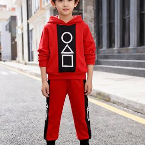 TEMU 다양한 만화 삼각형 패턴, 긴소매, 긴 바지가 특징인 남아용 후드티 세트. 스포츠 및 야외 활동에 적합합니다.