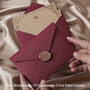 TEMU 사랑의 편지, 프로포즈 & 웨딩을 위한 16피스 리넨 수제봉투 세트 – 3개의 봉투, 10장의 수제용지, 3개의 왁스 실링 스탬프 포함