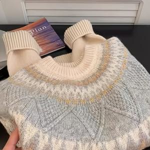 TEMU 여성용 노르딕 아이슬란드 스웨터 - 케이블 패턴 & 라운드넥 겨울 코트, 부드럽고 따뜻한 긴팔 스웨터 가을/겨울용, 아늑한 스웨터샵 스타일 풀오버 (손세탁 가능) - 스칸디나비아 스타일 캐주얼 아우터웨어