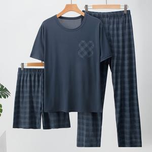 TEMU 남성용 3피스 반팔 파자마 세트 - 가벼운 여름용 수면복, 매칭 반바지 또는 긴 바지, 통기성 봄/가을 나이트웨어, 기본 라운드넥 파자마 (벨트 불필요)|여름바지