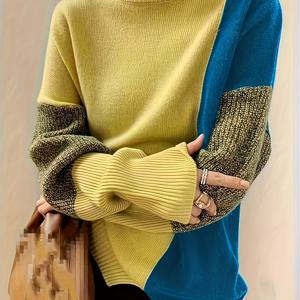 TEMU 여성용 루즈 컬러블록 베이직 풀오버, 부드러운 스웨터, 하이넥 풀오버, 여성 스타일|여성블라우스