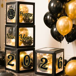 TEMU 4개 세트 우아한 블랙 & 골드 2026 새해 전야 파티 장식 세트 - 투명 사각 카드 박스 & 번호 스티커 포함 - 플립탑 뚜껑 파티 박스, 풍선 채운 센터피스, 컨페티 채운 용기 (풍선 미포함) - 내구성 있는 종이 소재로 제작된 새해 전야 파티 & 카운트다운용 - 간편한 조립 & 재사용 가능한 디자인|카드스티커