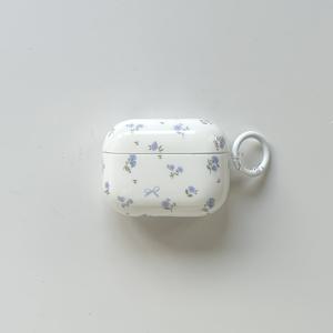 TEMU 심플 코리안 블루 소형 플로럴 보우노트 패턴 화이트 링 보호 이어폰 케이스, 에어팟 1 2 3 4 Pro Pro 2 Pro 3 호환