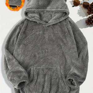 TEMU 남성용 플러시 후드티 - 곰귀와 발바닥, 포근한 겨울철 따뜻함, 오버사이즈 루즈핏, 부드러운 플리스소재, 캐주얼 라운지웨어 & 아웃도어복, 귀여운 동물코스튬 맨투맨, 솔리드컬러디자인 프론트포켓, 손세탁/드라이클리닝, 가을과 겨울을 위한 편안한 착용감