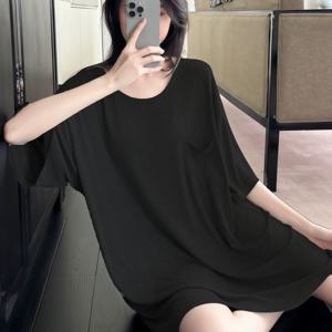TEMU 여성용 오버사이즈 라운드넥 나이트가운 - 솔리드 블랙 롱슬리브 파자마 드레스, 세탁기 사용 가능 & 통기성 원단, 우아한 여성용 수면복, 봄/여름 라운지 드레스, 데이-투-나이트 다용도 아웃핏, 편안한 캐주얼부터 포멀웨어까지, 홈웨어 또는 외출용 루즈핏, 부드러운 질감, 디자인, 아시아 사이즈 제공|여름원피스|여름잠옷