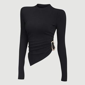 TEMU 여성용 트렌디 블랙 불규칙 라운드넥 긴팔 티셔츠, 가을/겨울 디자인, 스타일리시하고 슬림핏.|크롭티