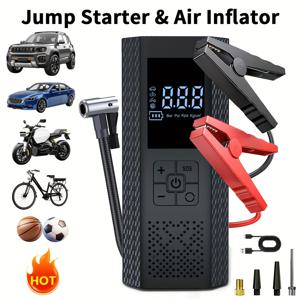 TEMU 휴대용 비상 차량 점프 스타터 & 타이어 공기 주입기 2-in-1 - 디지털 압력 게이지, 12V 배터리 부스터, LED 디스플레이, USB 충전식, 차량 점프 스타터를 위한 퀵 스타트 & 공기 주입 장비 (다음 배터리 & 평평한 타이어용), 150PSI 에어 컴프레서|타이어
