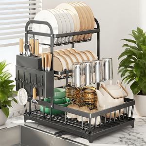 TEMU 새로운 주방 장식, 레이어드, 탈부착 가능, 세척 가능한 식기 건조대 - 2단 및 3단 디자인으로 제공, 녹슬지 않음, 무거운 물건을 보관할 수 있음 - 배수 시스템이 있는 조리대 식기 건조대 특징|식기건조대|사각싱크볼|식기건조기