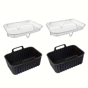 TEMU 4개 스테인리스 스틸 에어프라이어 랙 및 재사용 가능한 실리콘 라이너 | 쌓을 수 있는, 논스틱 쿠킹 바스켓 (양파링 등) | 내구성이 뛰어난 304 스테인리스 스틸 구조 | 가정 및 야외 사용에 적합 | Eatscotta 에어프라이어 액세서리|에어프라이어