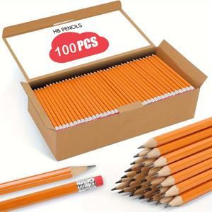 TEMU 100개 노란색 연필과 지우개 - 0.5mm 납심, 나무, 학교 및 사무용 다목적, 할로윈, 추수감사절, 크리스마스 선물, 학교 용품에 이상적 | 생동감 있는 연필 | 나무 연필, 연필 파우치