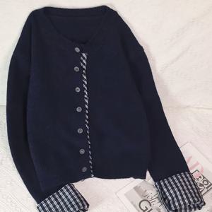 TEMU 여성용 한국 스타일 투톤 체크 스웨터 코트, 달콤하고 젊은 카디건 아우터웨어