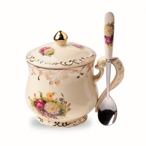 TEMU 1세트 세라믹 장미/꽃 바다 골드 도금 머그컵 - 뚜껑과 스푼 디자인, 커피, 우유, 시리얼, 주스 등에 적합, 일상 사용, 발렌타인데이 및 크리스마스 선물로 이상적