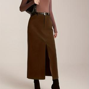 TEMU 여성용 빈티지 H라인 슬림핏 코듀로이 스커트 - 슬릿 디자인, 단색 중간 길이, 가을/겨울용, 주말 착용, 세탁기 사용 가능 (벨트 미포함)