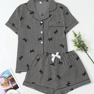 TEMU 포시즌 여성 캐주얼 라펠 컨트라스트 트림 버튼 2피스 파자마 세트, 1반팔 상의 + 1반바지