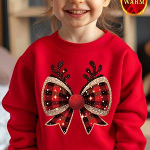 TEMU 크리스마스 소녀용 리본 사슴뿔 프린트 트렌디한 개성 풀오버 두꺼운 안감 스웨트셔츠 - 가을/겨울용