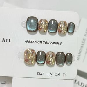 TEMU 10개입 청록색 고양이 눈 펄 장식, 데일리용 짧은 사각 인조 네일, 가을/겨울용 새로운 단색 디자인, 피부톤에 어울림, 여성용, 보관 상자 포함.|네일아트|네일팁