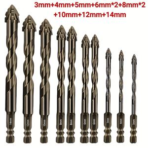 TEMU 정밀한 위치 조정을 위한 육각 샹크가 있는 10개 4날 톱니형 비중 드릴 비트 세트. 콘크리트, 타일, 세라믹, 나무 및 석조 건물의 건식 드릴링에 적합 - 내구성이 뛰어난 초경 재질로 제작되었으며 금속 표면 마감 처리됨