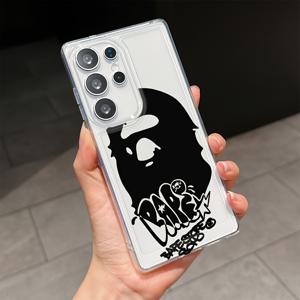 TEMU 럭셔리 패션 상어 B-Bapes 폰 케이스 삼성 갤럭시 S25 S24 S23 S22 S21 S20 FE 울트라 플러스 4G 5G 호환 투명 TPU 소프트 백 커버, 스타일리시 폰 커버, B 디자인, 상어 프린트, 폰 보호기, 모바일 액세서리