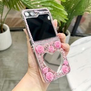 TEMU Samsung Galaxy Z Flip7/Z Flip 7 FE/Z Flip6/Z Flip 5 5G 폰 케이스 호환, 투명한 PC 하드 디자인으로 낙하 방지 기능, 핸드메이드 로즈 럭셔리 미러 감성, 여학생에게 완벽합니다.