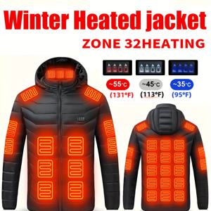 TEMU 남성용 USB 시스템 내장 히팅 재킷, 32존 올웨더 보온, 후드 겨울 스포츠 코트 - 스키, 등산 및 아웃도어 활동용 (USB 미포함), 세탁기 사용 가능한 소프트 디자인, 지퍼